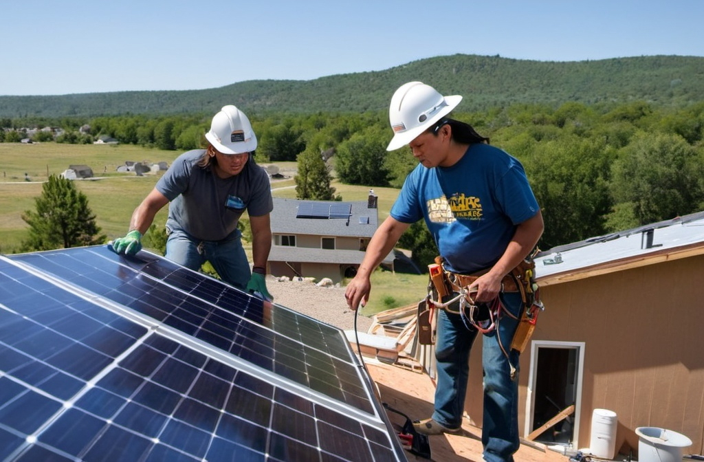 Web - 2 Native American installers on roof - bluebelly
